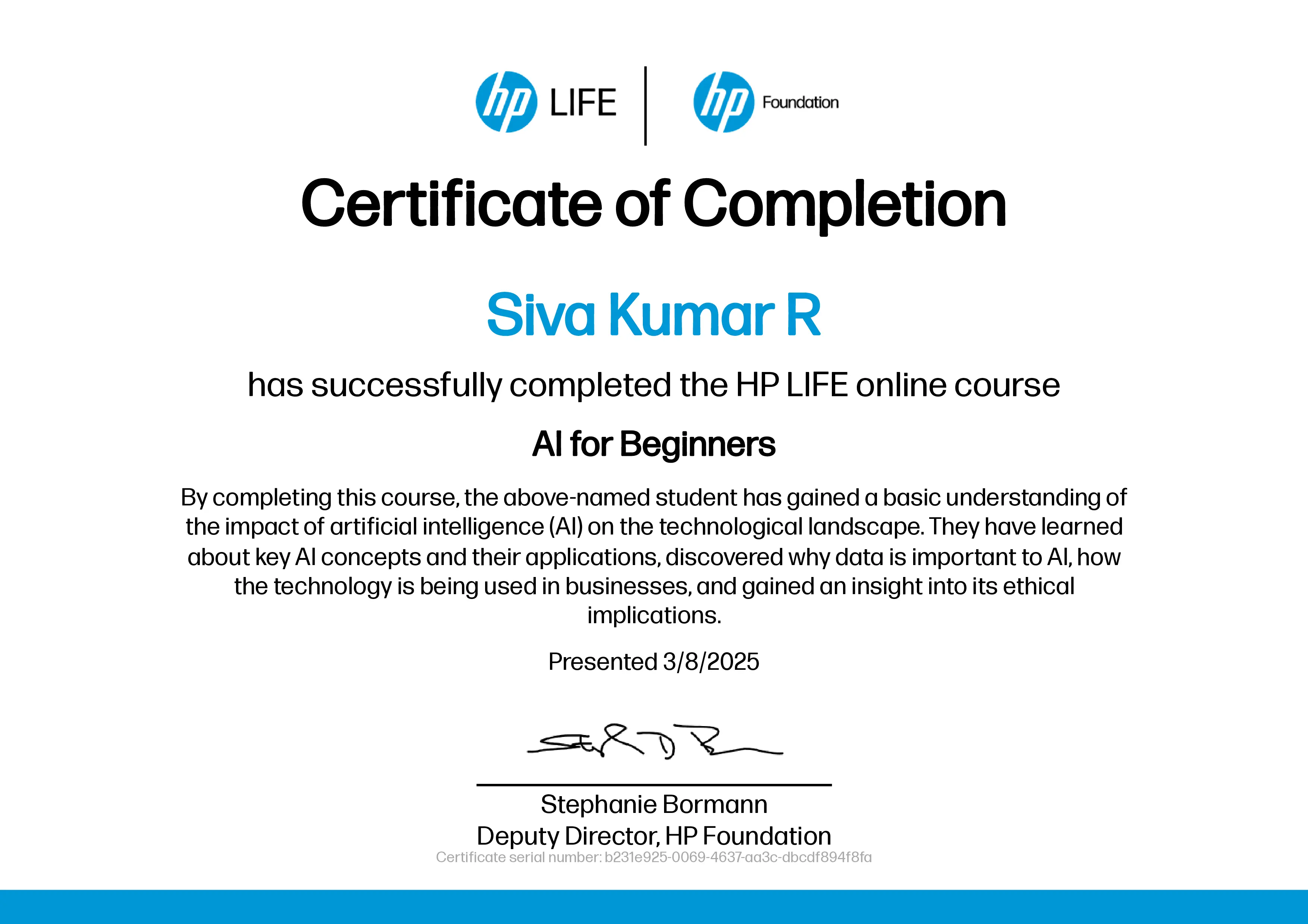 Siva Kumar R AI for Beginners Certification